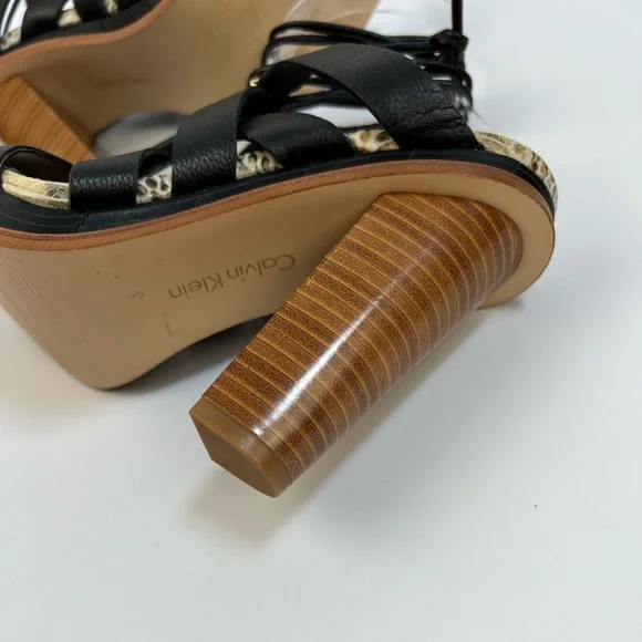 Calvin Klein Penelope Black Leather Strappy Lace-Up Block Heel Sandals 7 - Picture 12 of 14